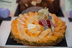 Tasty sweet French dessert, baked apple cake, Normandy region, France, close up