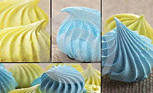 tasty and sweet meringue in yellow and blue color close-up