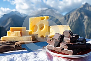 Tasty Swiss cheeses and dark pure chocolate, emmental, gruyere, appenzeller served outdoor with Alpine mountains peaks on