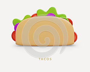 Tasty taco, front view. Stuffed crispy tortilla with filling. Delivery of portioned meal