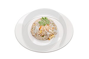 Tasty Thai cuisine, crab meat fried rice beautiful serving in white plate isolated on white background.