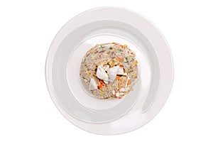 Tasty Thai cuisine, crab meat fried rice beautiful serving in white plate isolated on white background.