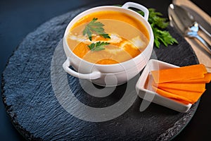 Tasty thick freshly made healthy pumpkin soup