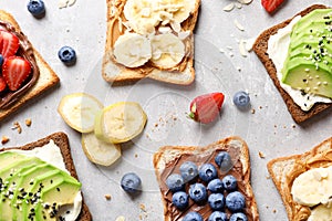 Tasty toast bread with fruits and berries