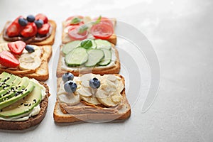 Tasty toast bread with fruits, berries