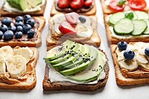 Tasty toast bread with fruits, berries and vegetables