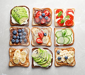 Tasty toast bread with fruits, berries and vegetables