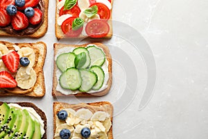 Tasty toast bread with fruits, berries and vegetables