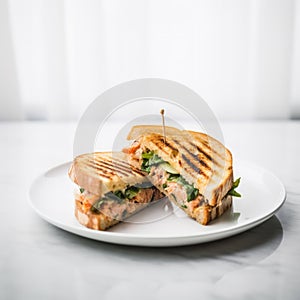 Tasty Toasted Salad Sandwich On Neutral Background