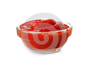 Tasty tomato sauce in glass bowl on white background