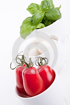 Tasty tomatoe mozzarella salad with basil on white