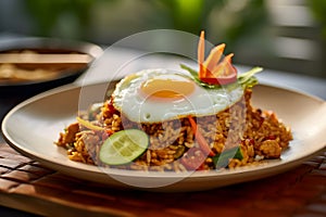 Delicious fried rice and fried egg on table