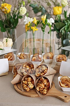 Tasty treats on table in room. Sweet buffet