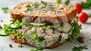 Tasty Tuna Salad Sandwich with Lettuce and Cucumbers on Multigrain Bread, Isolated on White Background