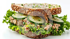 Tasty Tuna Salad Sandwich with Lettuce and Cucumbers on Multigrain Bread, Isolated on White Background