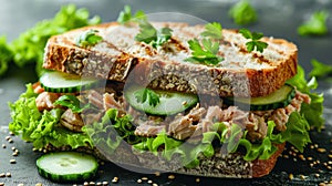 Tasty Tuna Salad Sandwich with Lettuce and Cucumbers on Multigrain Bread, Isolated on White Background