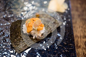 Tasty Uni Japanese sea urchin with rice and seaweed
