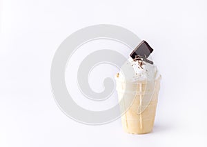 Tasty Vanilla Ice Cream in Waffle Cone Delicious Ice Cream White Background Copy Space