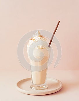 Tasty vanilla milkshake with cream and drinking straw on yellow background