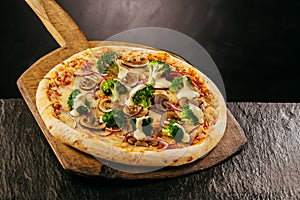 Tasty vegetable pizza with broccoli and mushrooms