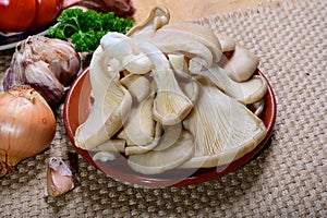 Tasty vegetarian food, fresh organic Pleurotus ostreatus, or oyster mushrooms, hiratake, or pearl oyster mushrooms