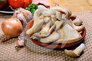 Tasty vegetarian food, fresh organic Pleurotus ostreatus, or oyster mushrooms, hiratake, or pearl oyster mushrooms