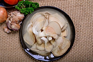 Tasty vegetarian food, fresh organic Pleurotus ostreatus, or oyster mushrooms, hiratake, or pearl oyster mushrooms