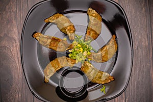 Tasty vegetarian gyoza dumplings on a black plate