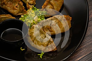 Tasty vegetarian gyoza dumplings on a black plate