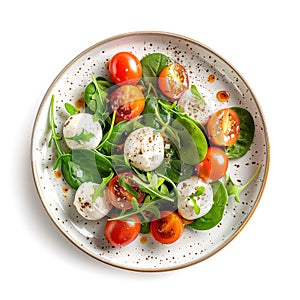 Tasty vegetarian salad with cherry tomatoes, bocconcini cheese, spinach, arugula leaves, on a ceramic plate. Generative AI