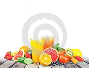 Tasty fruits and juice with vitamins on