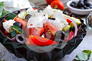 Tasty  vitamin salad with fresh vegetables, goat cheese, black olives, basil sauce on a white plate on a wooden background