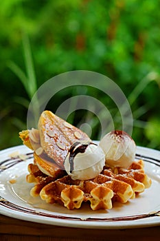 Tasty waffle and vanilla ice cream set served with banana sugar coating Topped with chocolate sauce on white plate in green garden