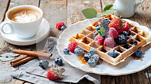 Tasty waffles, fresh summer berries and a flavorful cappuccino on a charming wooden table