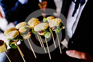 Tasty wedding appetizers served by waiters to the guests photo