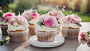 Tasty wedding cupcakes decorated with cute pink flowers. Delicious festive dessert. Sweet pastry