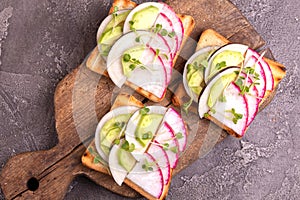 Tasty wheat toasts with radish, avocado and sprouts