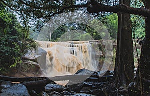 Tat Hueang Waterfall or Thai-Lao Friendship Waterfall during the rainy season