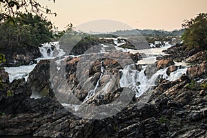 The Tat Somphamit Waterfall at sundown, Don Khon, Si Phan Don, Champasak Province, Laos