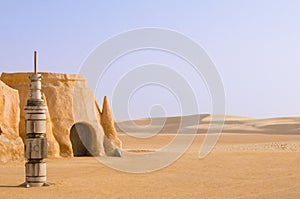 Tataouine scenery on a background of sand dunes.