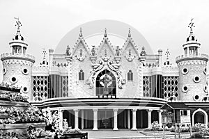 Tatar State Puppet Theater Ekiyat, facade of the building, like a fairy palace, black and white photo