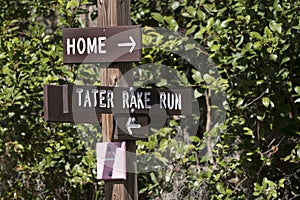 Tater Rake Run kayak trail directional sign in the Okefenokee Swamp, Georgia USA