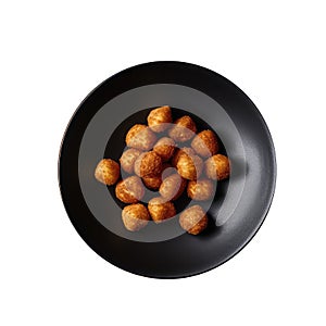 Tater Tots On Black Smooth Round Plate On Isolated Transparent Background U.S. Dish. Generative AI