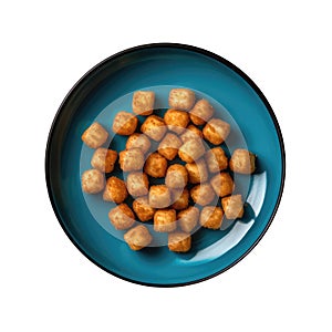 Tater Tots On Blue Smooth Round Plate On Isolated Transparent Background U.S. Dish. Generative AI