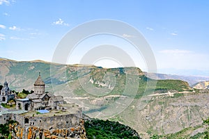 The Tatev Monastery is a 9th-century Armenian Apostolic monastery located on a large basalt plateau near the Tatev village in Syun