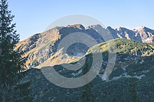 Tatra mountain peak view in Slovakia in sunny day - vintage retro film look