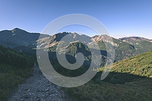 Tatra mountain peak view in Slovakia in sunny day - vintage retro film look