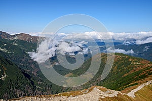 Tatra mountain peaks with tourist hiking trails in sunny summer day