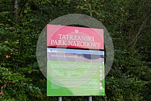 Tatra National Park Tatrzanski Park Narodowy tourist information board with rules valid in national park