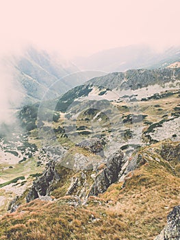 Tatra mountains in Slovakia covered with clouds - vintage effect